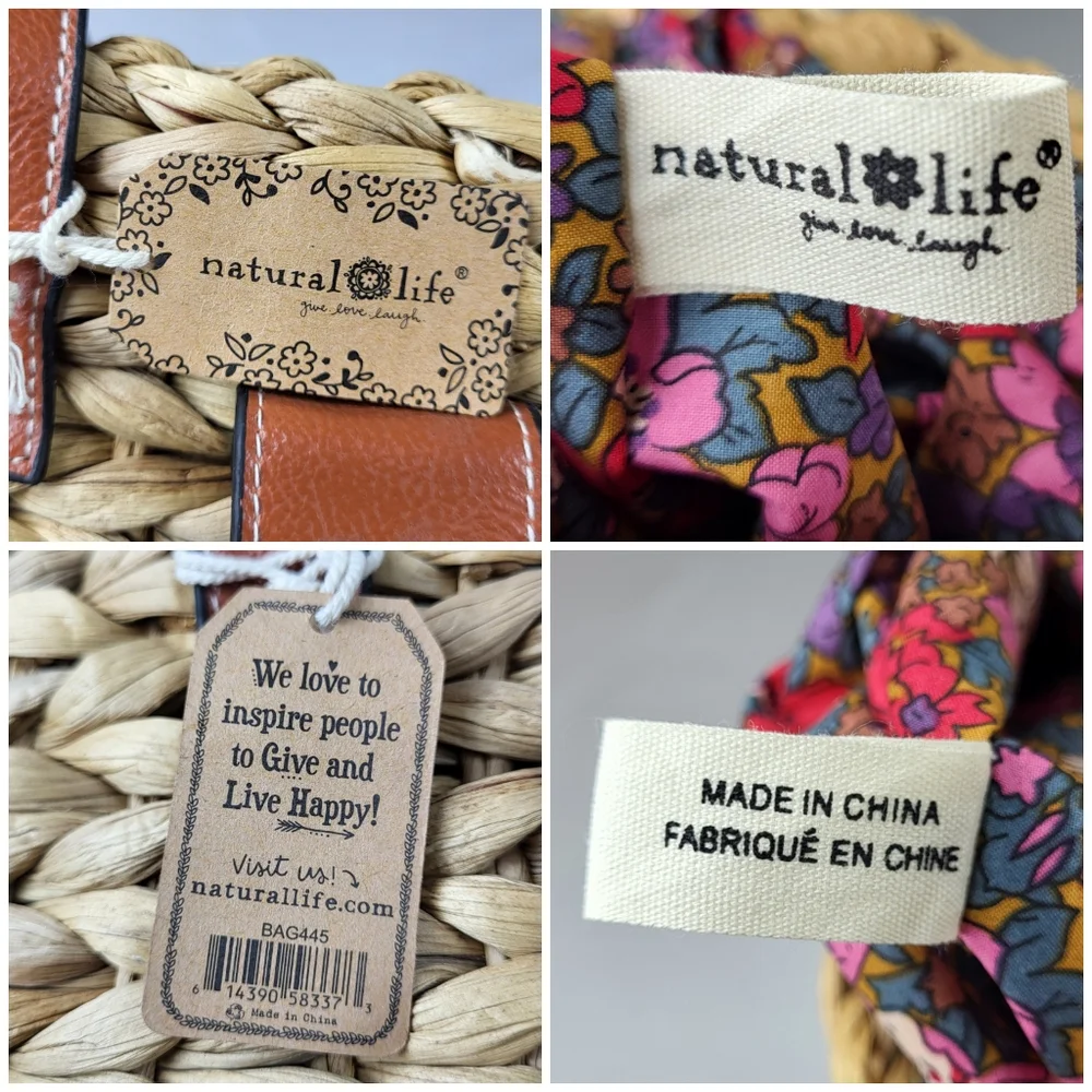 Natural Life Straw Backpack Tote BAG Floral Lined Water Hyacinth Woven Boho NWT